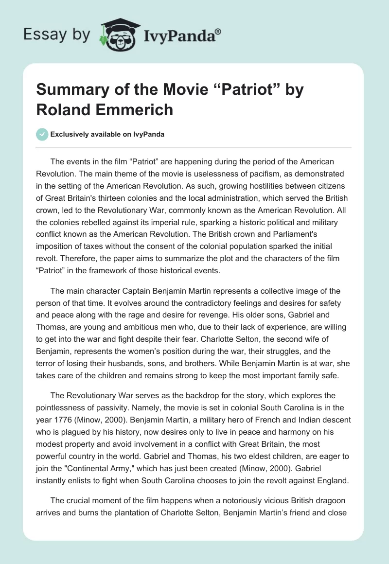 Summary of the Movie “Patriot” by Roland Emmerich. Page 1