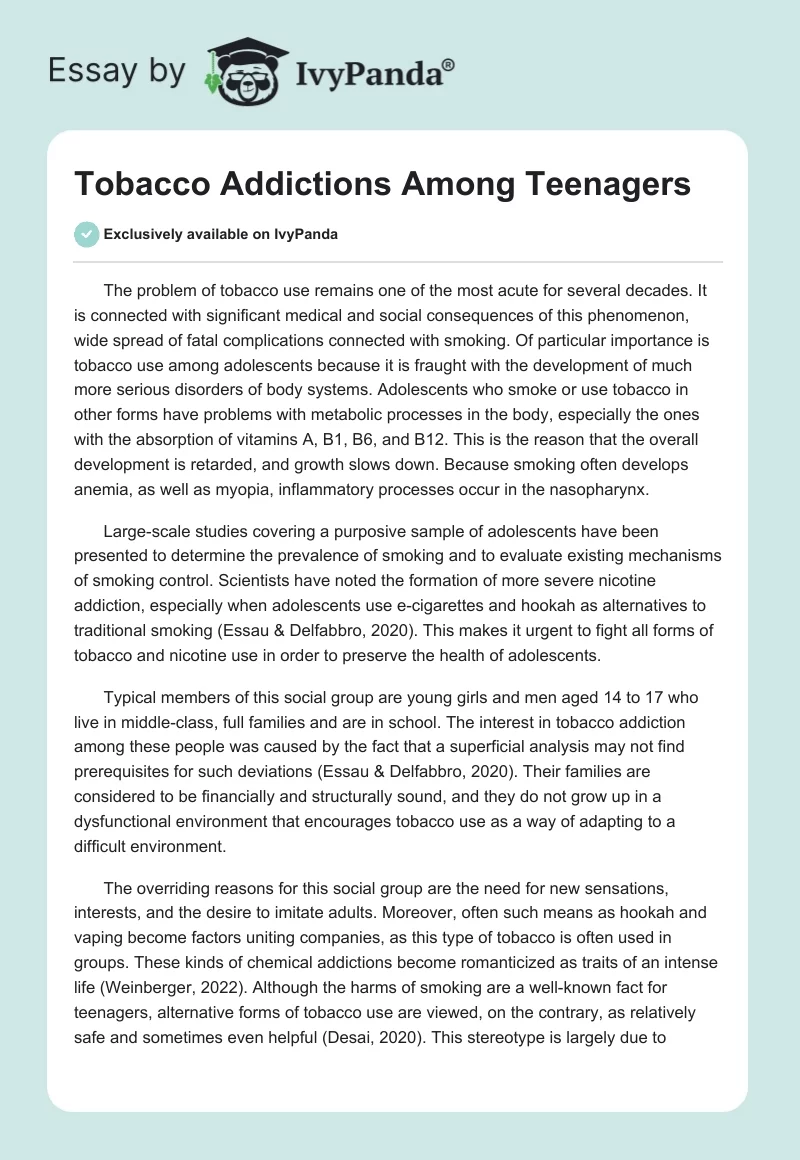 Tobacco Addictions Among Teenagers. Page 1
