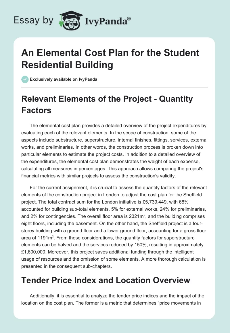 An Elemental Cost Plan for the Student Residential Building. Page 1