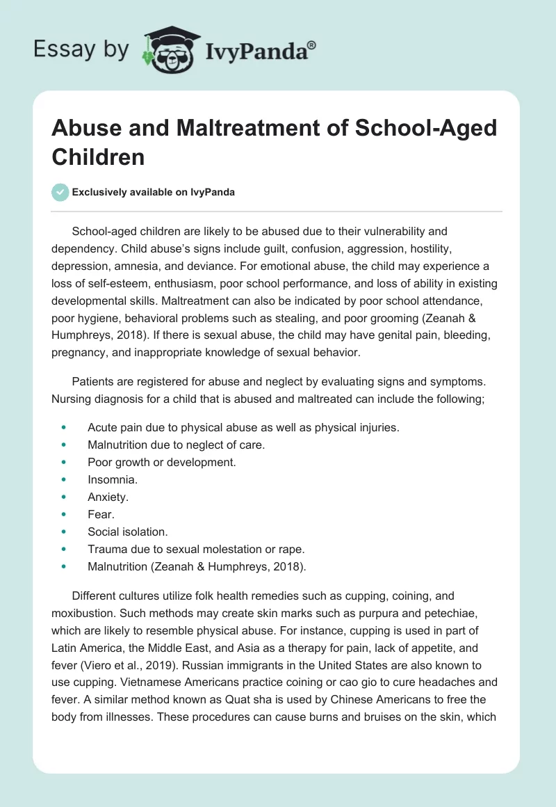 Abuse and Maltreatment of School-Aged Children. Page 1