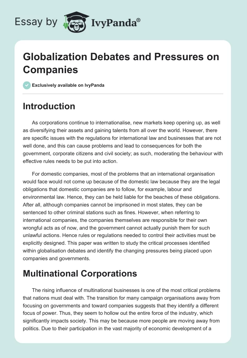 Globalization Debates and Pressures on Companies. Page 1