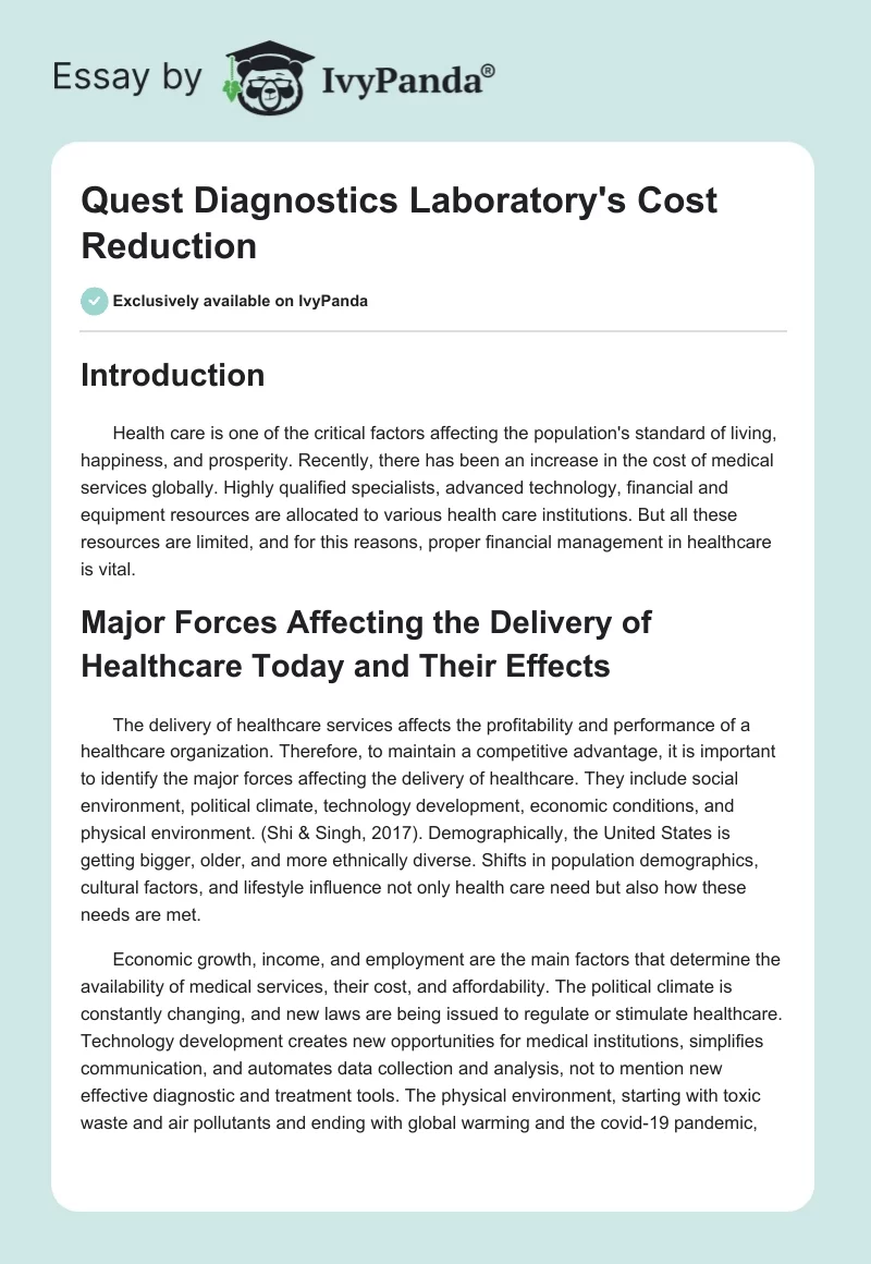 Quest Diagnostics Laboratory's Cost Reduction. Page 1