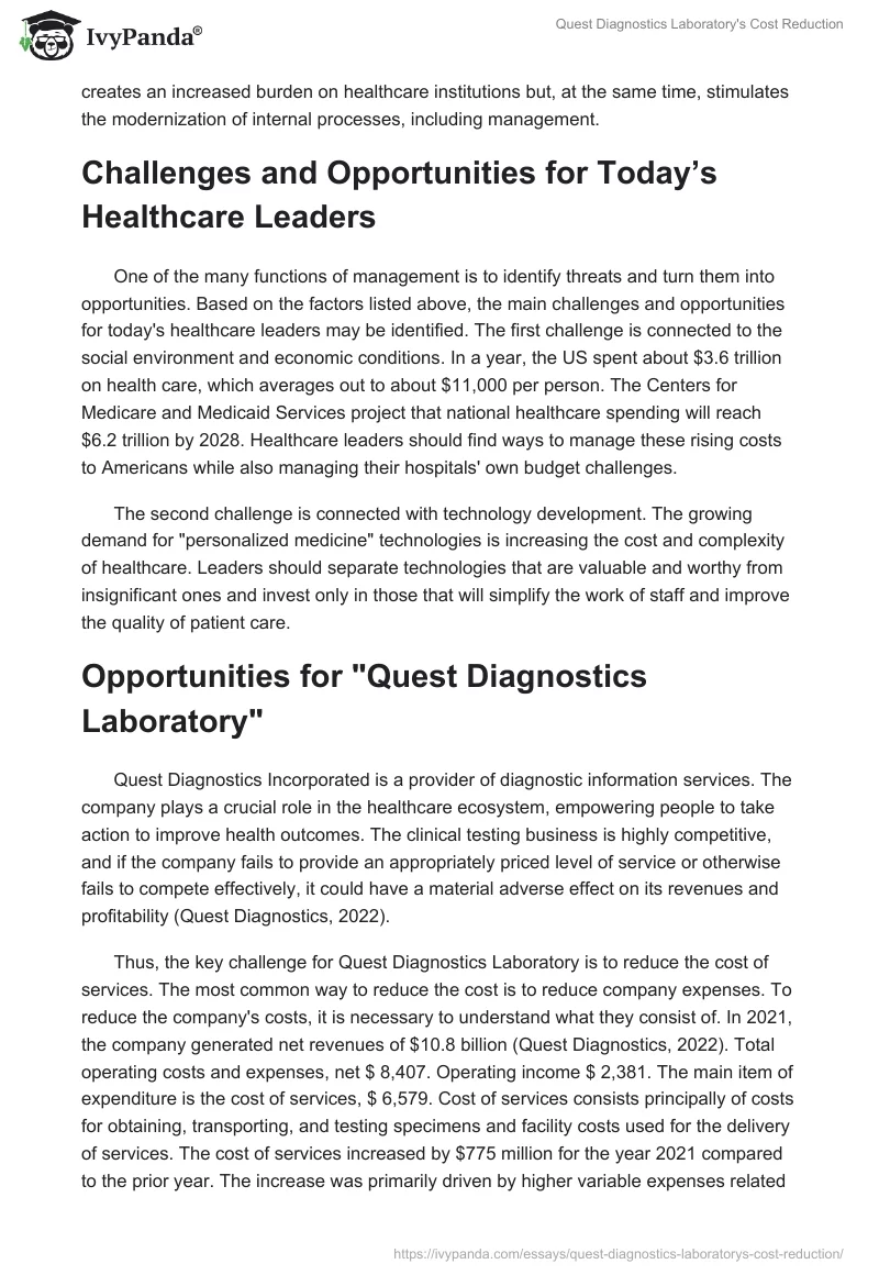 Quest Diagnostics Laboratory's Cost Reduction. Page 2