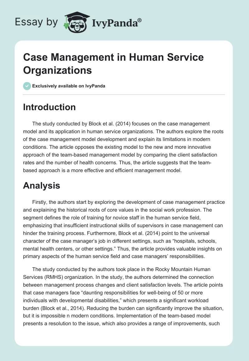 Case Management in Human Service Organizations. Page 1