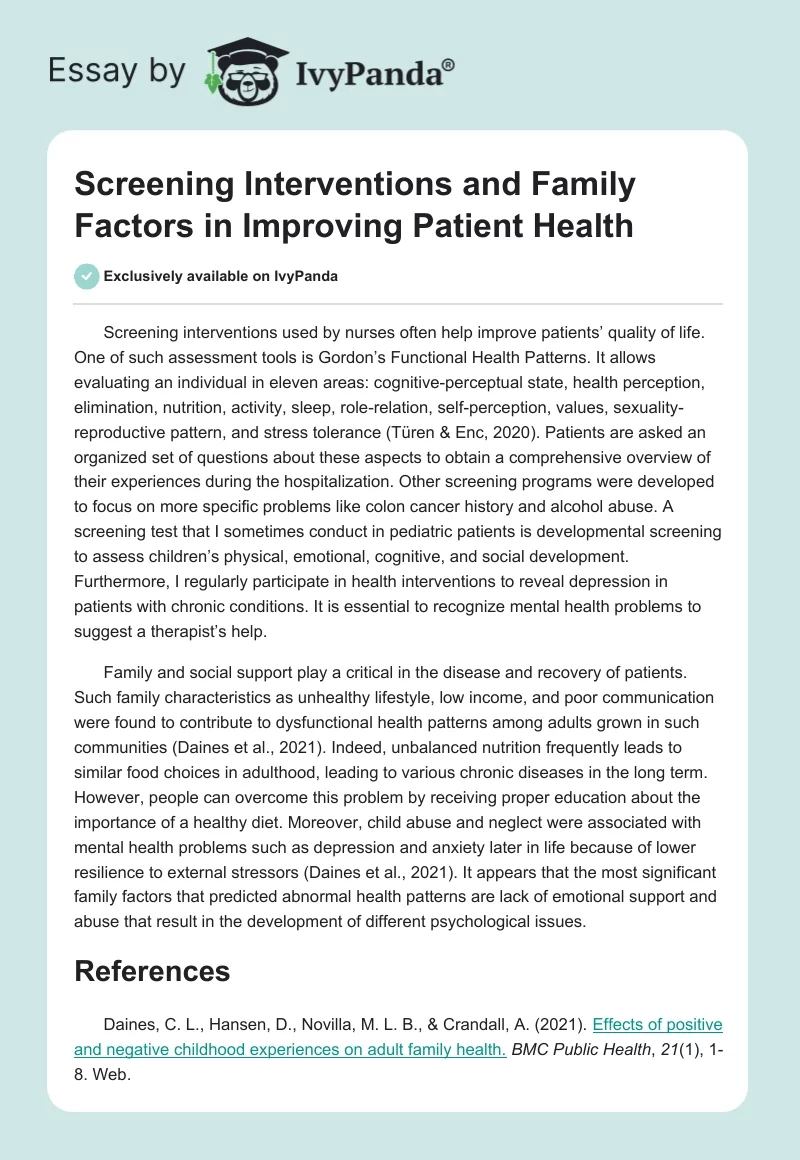 Screening Interventions and Family Factors in Improving Patient Health. Page 1