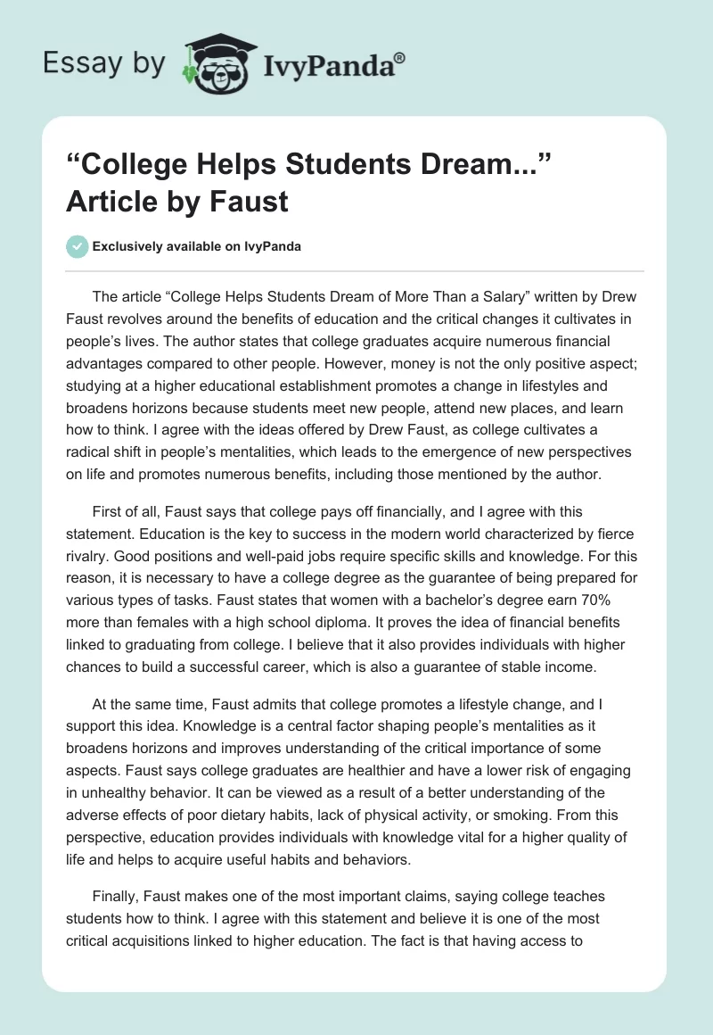“College Helps Students Dream...” Article by Faust. Page 1