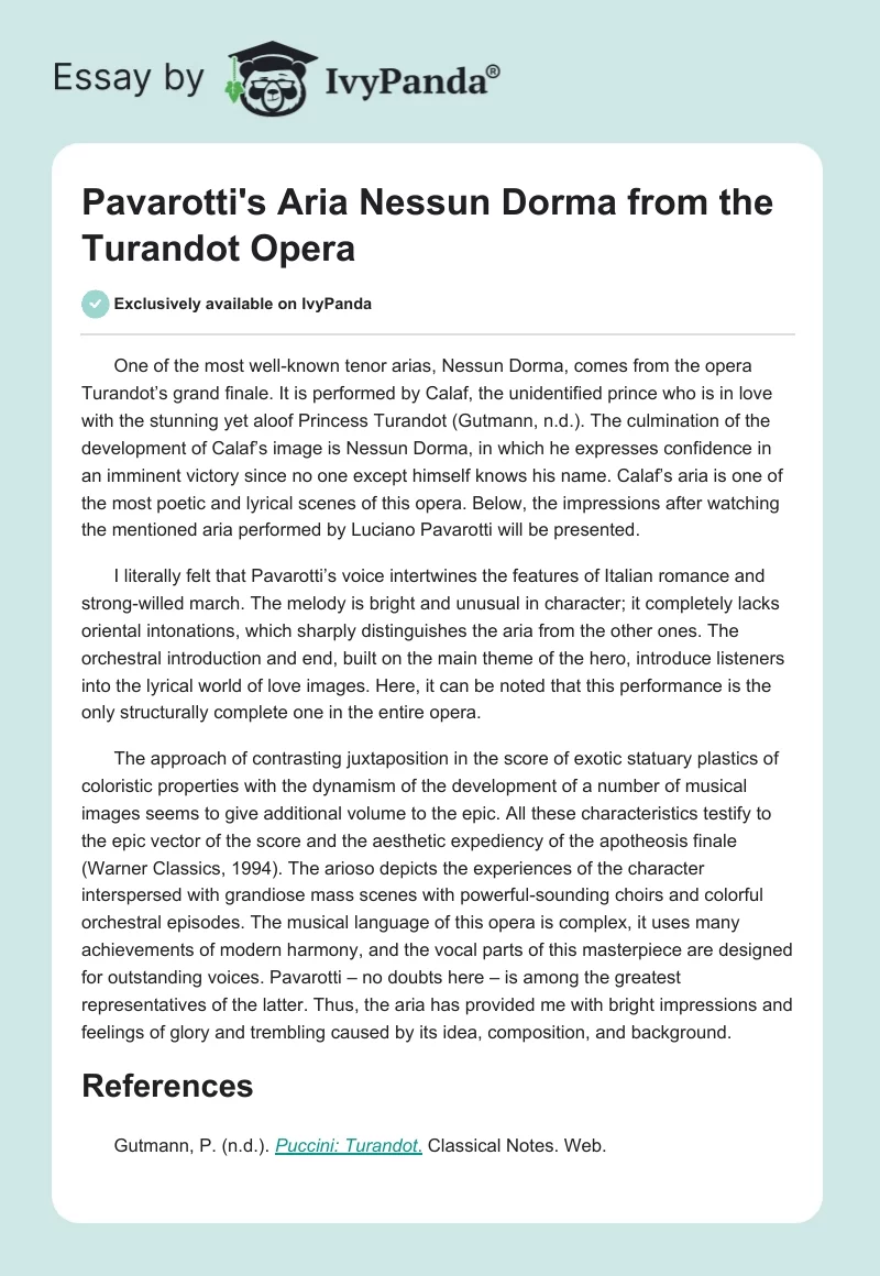 Pavarotti's Aria "Nessun Dorma" from the "Turandot" Opera. Page 1
