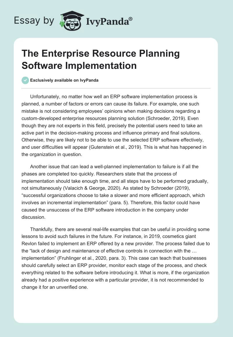 The Enterprise Resource Planning Software Implementation. Page 1