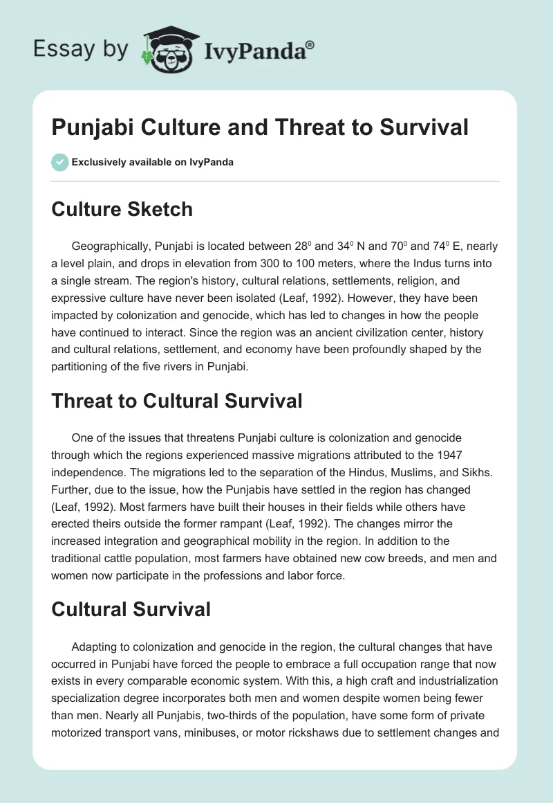 Punjabi Culture and Threat to Survival. Page 1