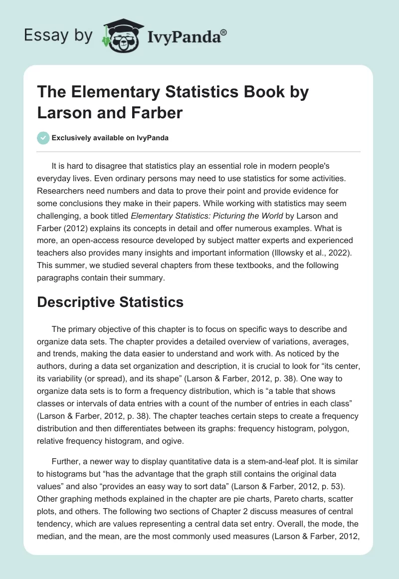 The "Elementary Statistics" Book by Larson and Farber. Page 1
