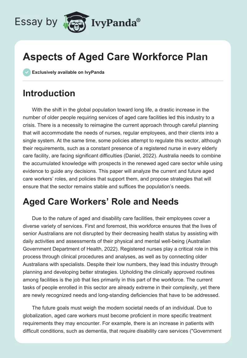 Aspects of Aged Care Workforce Plan. Page 1