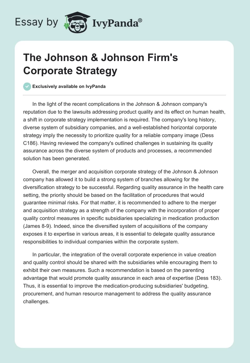 The Johnson & Johnson Firm's Corporate Strategy. Page 1