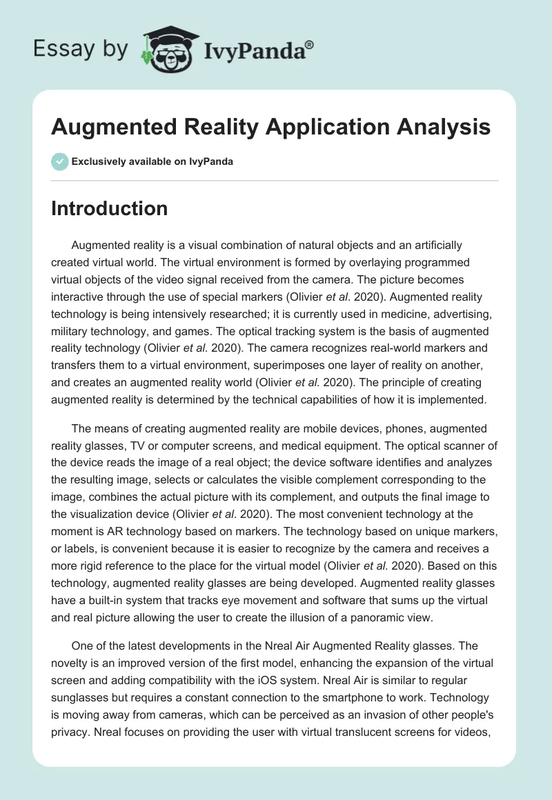 Augmented Reality Application Analysis. Page 1