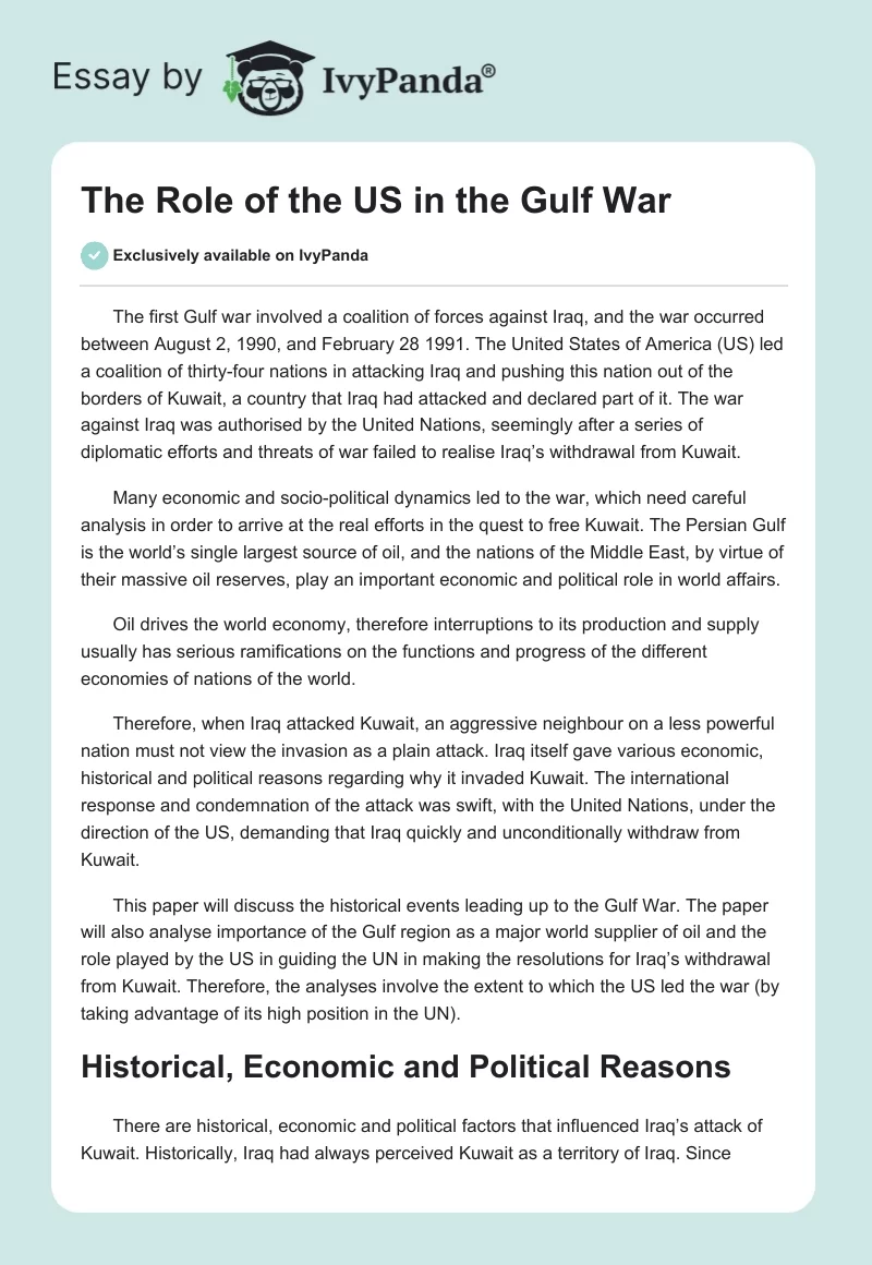 The Role of the US in the Gulf War. Page 1