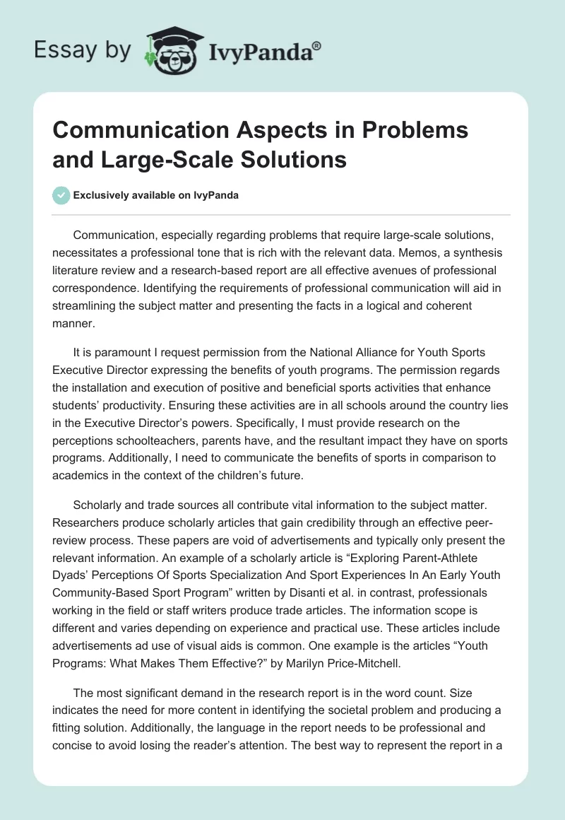 Communication Aspects in Problems and Large-Scale Solutions. Page 1