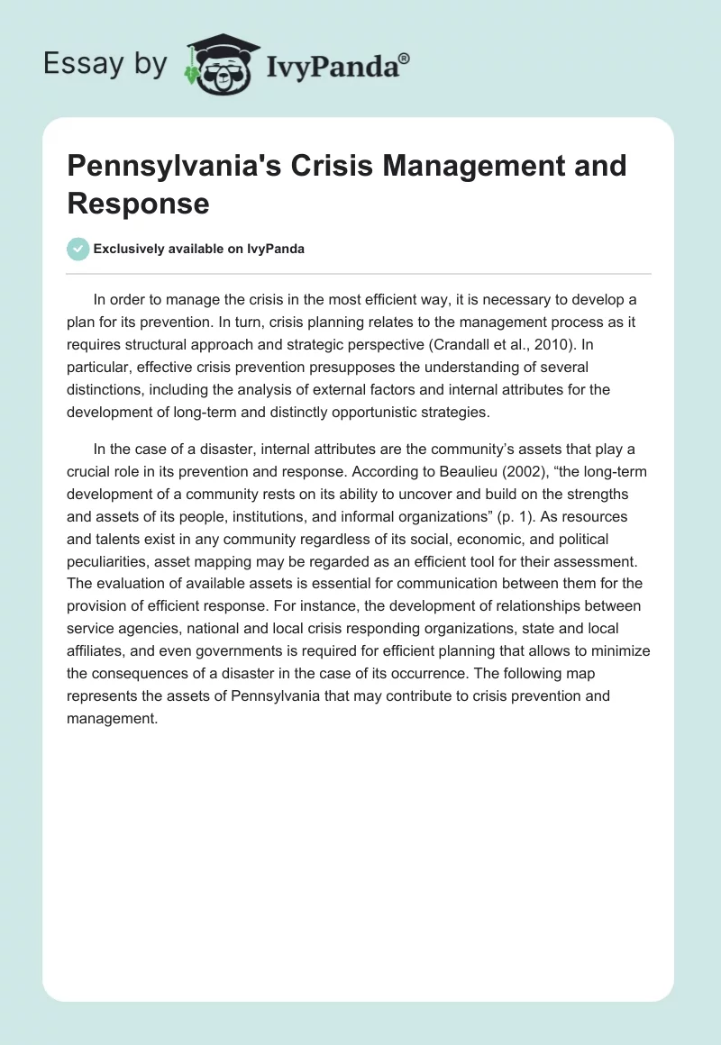 Pennsylvania's Crisis Management and Response. Page 1