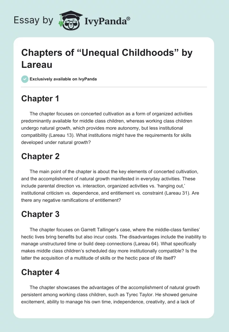 Chapters of “Unequal Childhoods” by Lareau. Page 1