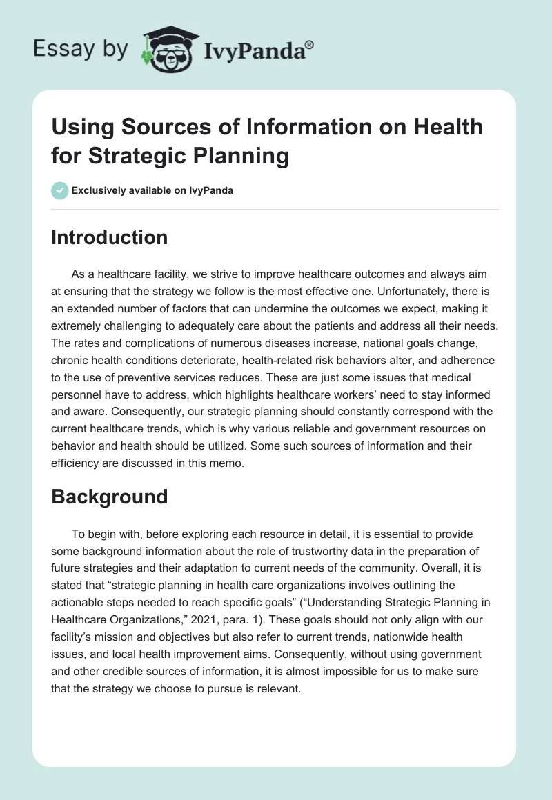 Using Sources of Information on Health for Strategic Planning. Page 1