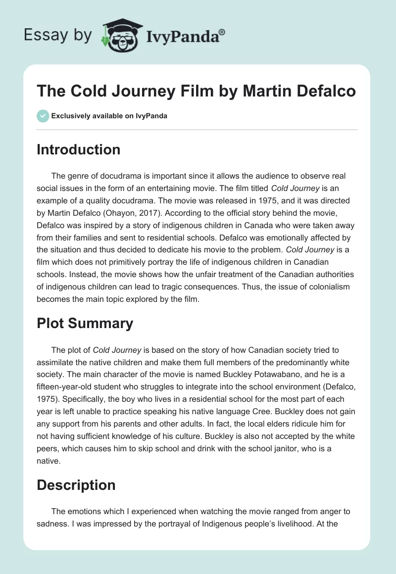 The "Cold Journey" Film by Martin Defalco. Page 1