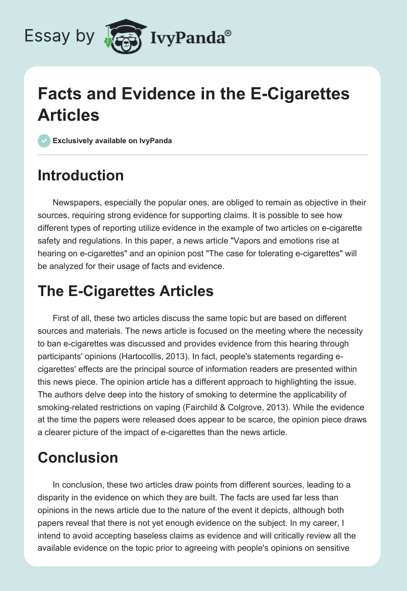 Facts and Evidence in the E-Cigarettes Articles. Page 1