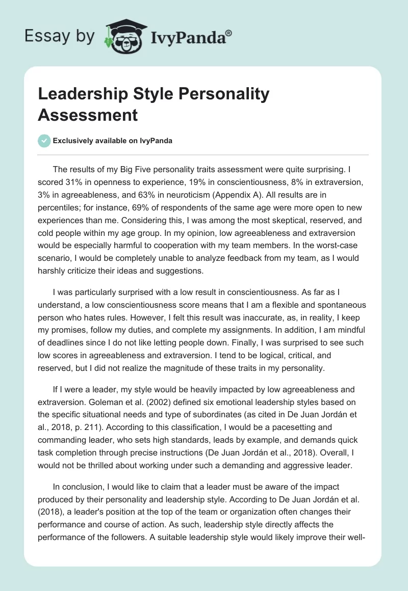 Leadership Style Personality Assessment. Page 1