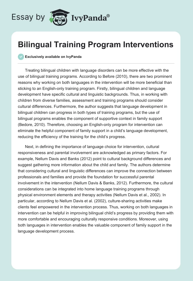 Bilingual Training Program Interventions. Page 1