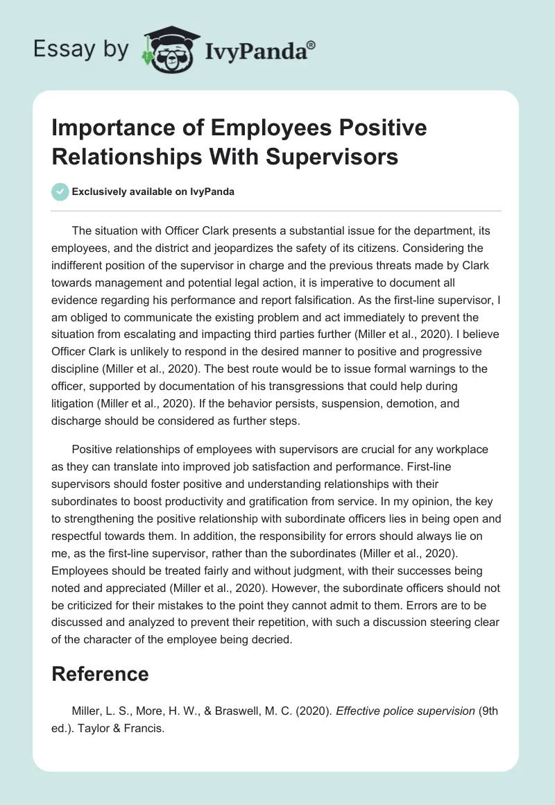 Importance of Employees Positive Relationships With Supervisors. Page 1