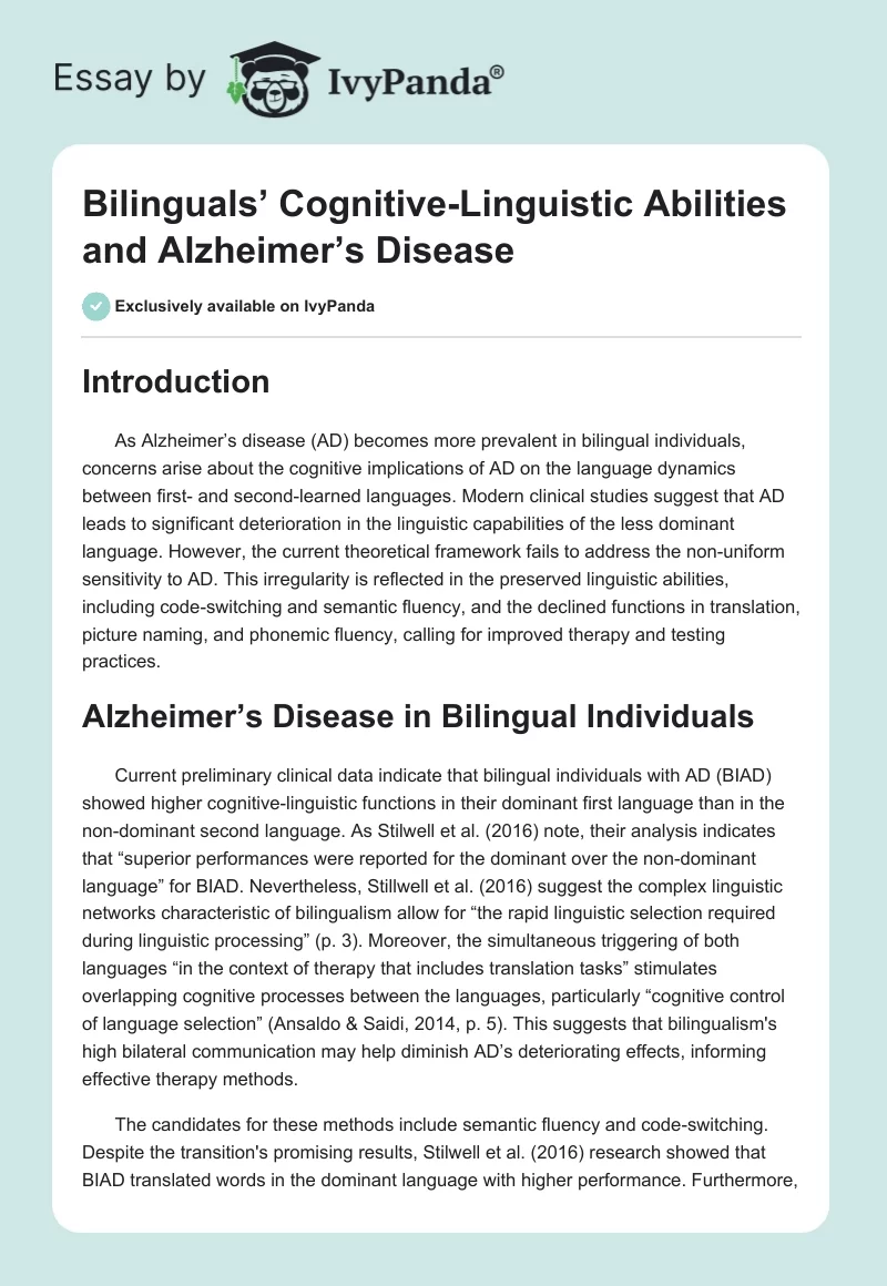 Bilinguals’ Cognitive-Linguistic Abilities and Alzheimer’s Disease. Page 1