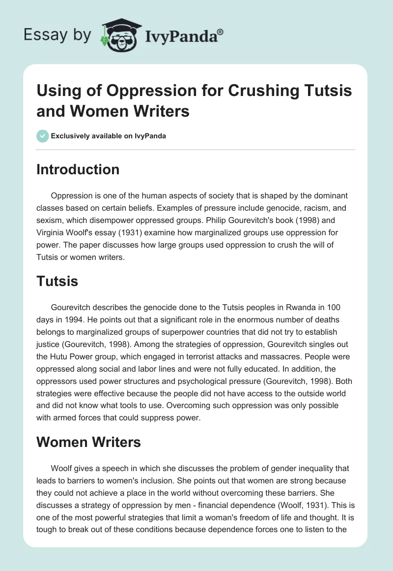 Using of Oppression for Crushing Tutsis and Women Writers. Page 1