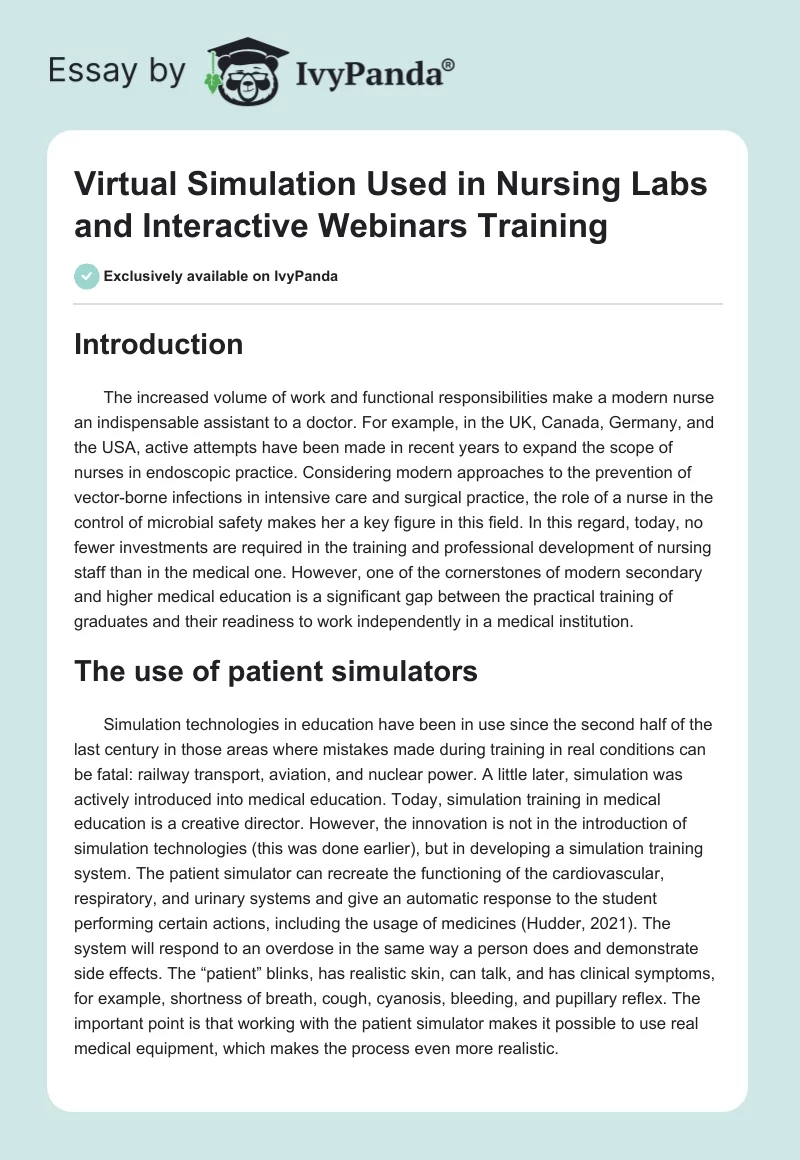 Virtual Simulation Used in Nursing Labs and Interactive Webinars Training. Page 1