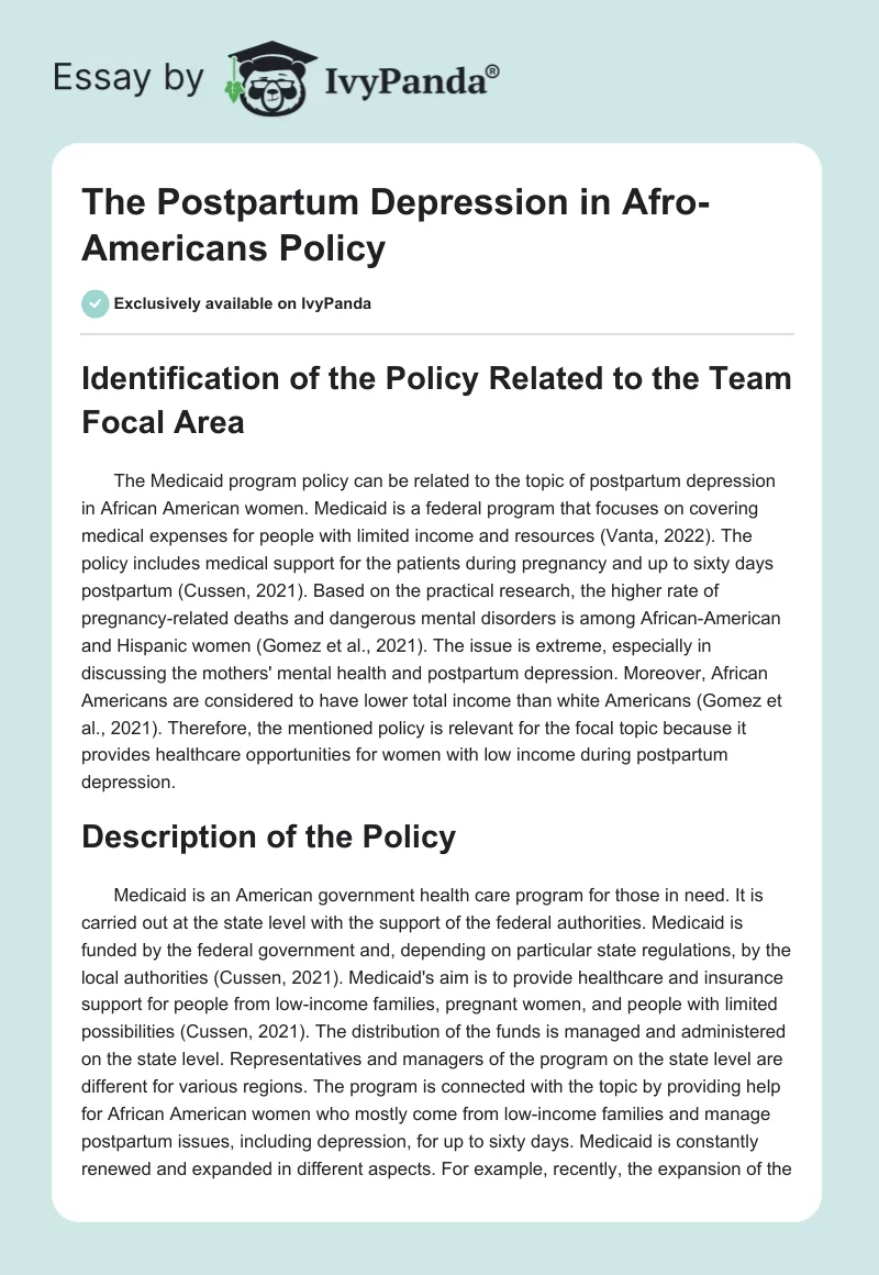 The Postpartum Depression in Afro-Americans Policy. Page 1