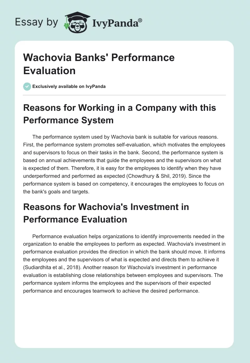 Wachovia Banks' Performance Evaluation. Page 1