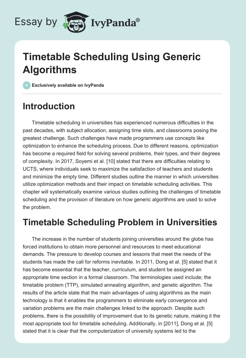 Timetable Scheduling Using Generic Algorithms. Page 1