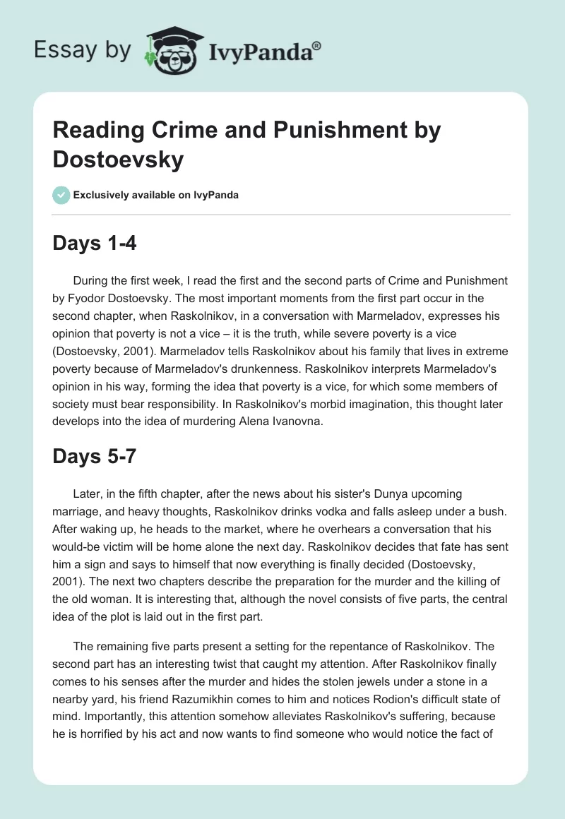 Reading "Crime and Punishment" by Dostoevsky. Page 1