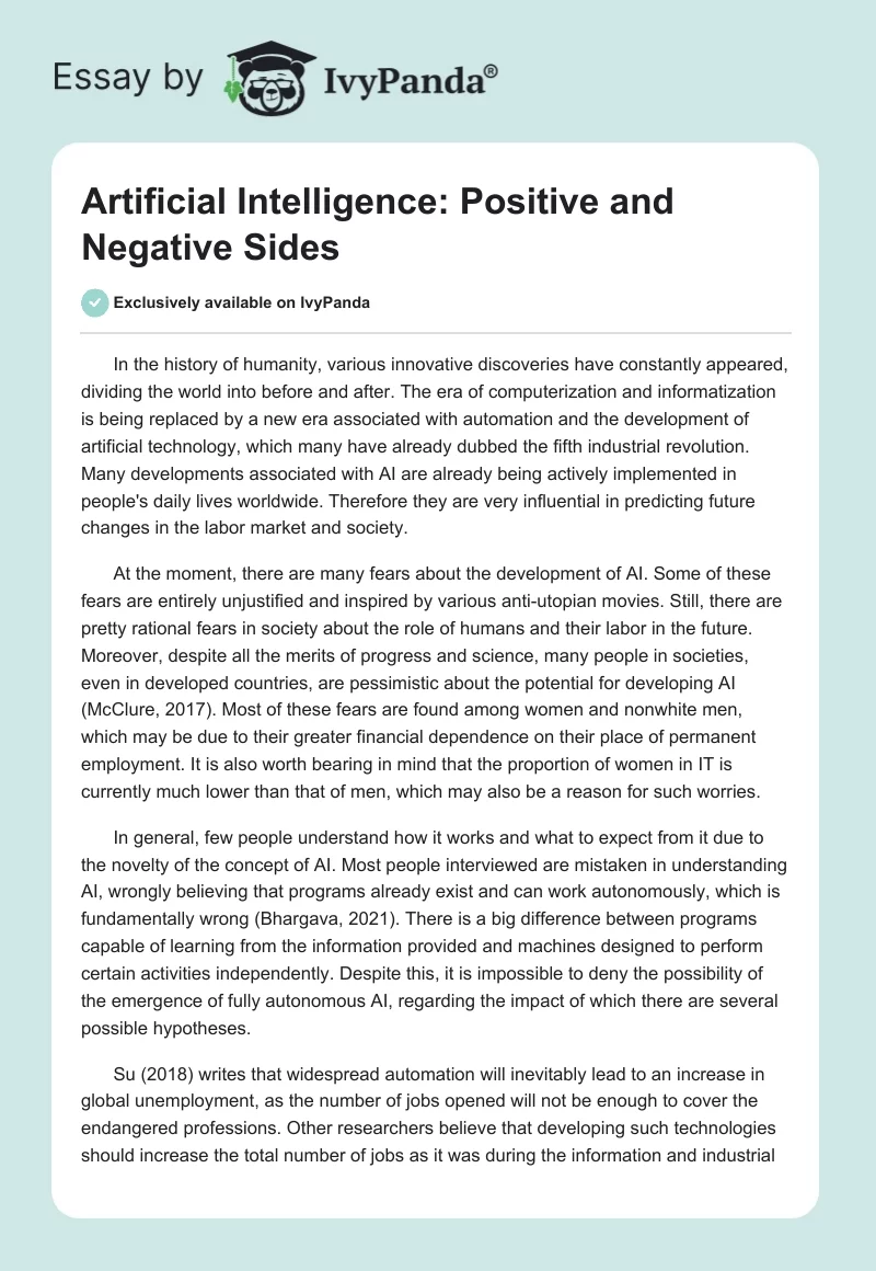 Artificial Intelligence: Positive and Negative Sides. Page 1