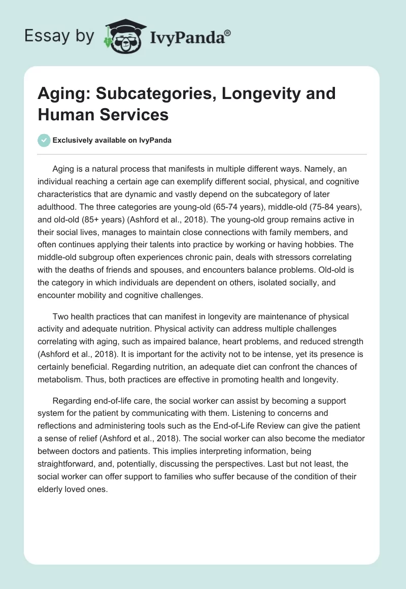 Aging: Subcategories, Longevity, and Human Services. Page 1