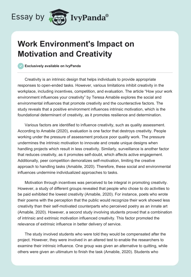 Work Environment's Impact on Motivation and Creativity. Page 1