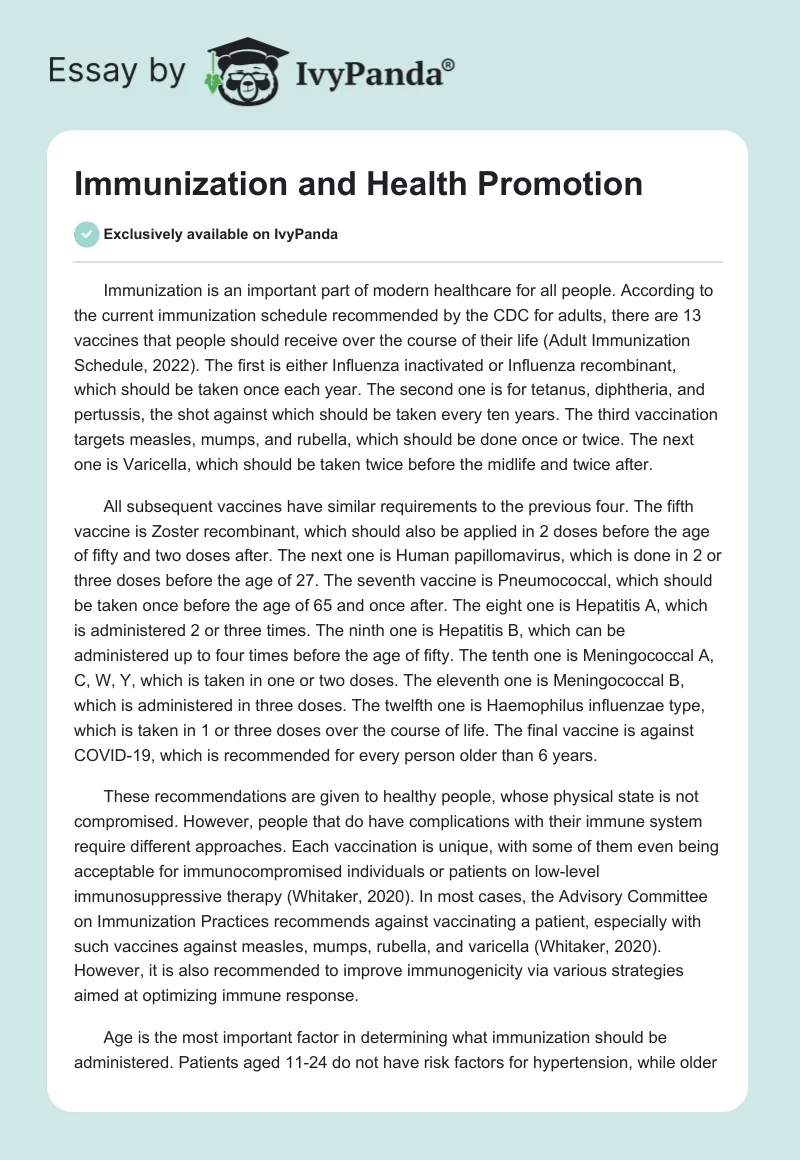 Immunization and Health Promotion. Page 1