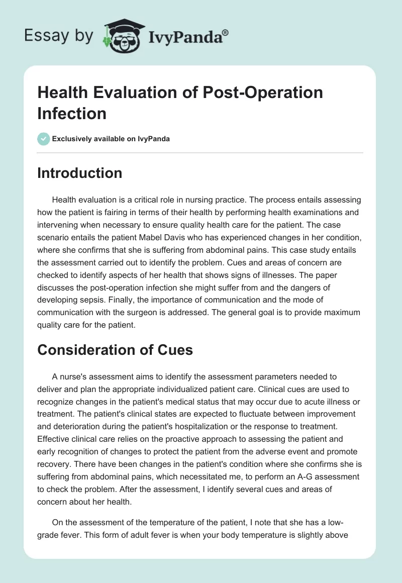 Health Evaluation of Post-Operation Infection. Page 1
