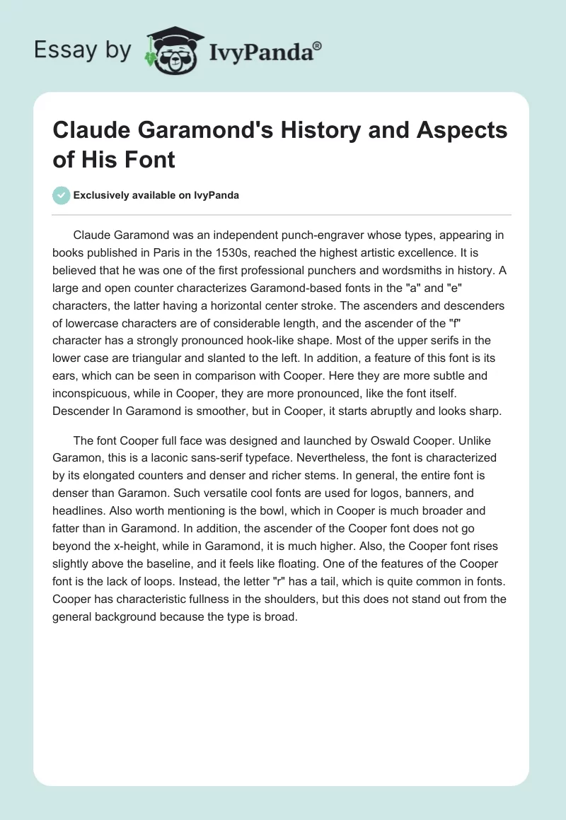 Claude Garamond's History and Aspects of His Font. Page 1