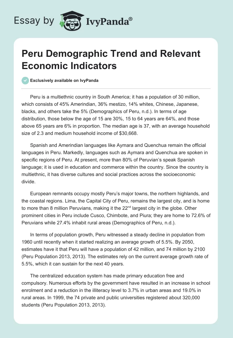 Peru Demographic Trend and Relevant Economic Indicators. Page 1