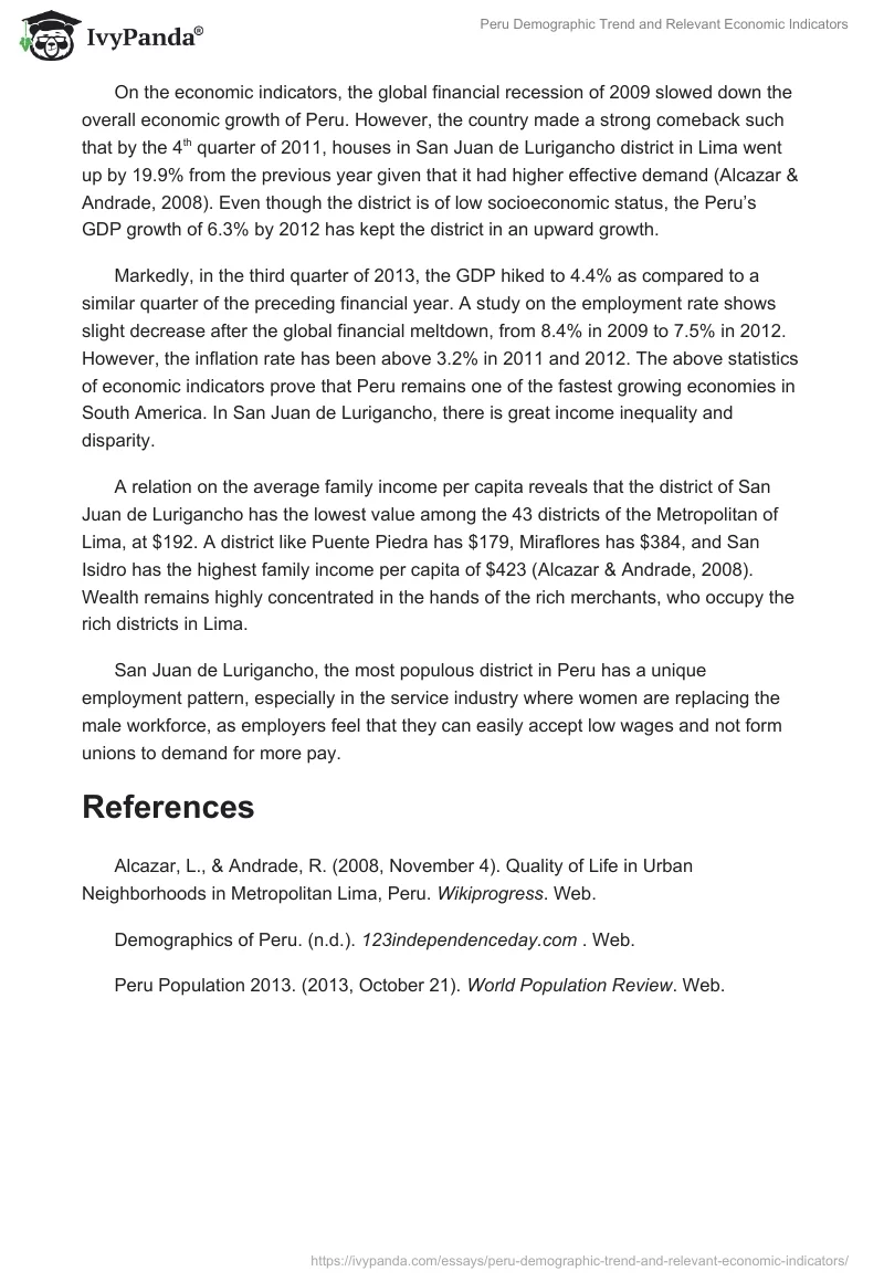 Peru Demographic Trend and Relevant Economic Indicators. Page 2