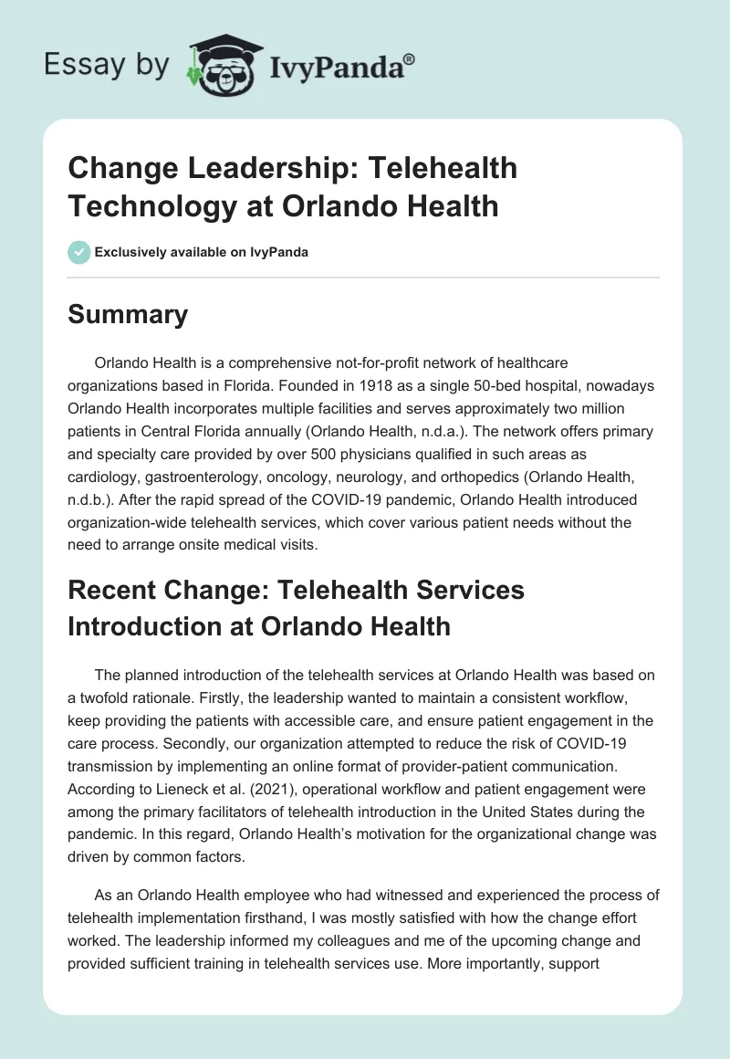 Change Leadership: Telehealth Technology at Orlando Health. Page 1