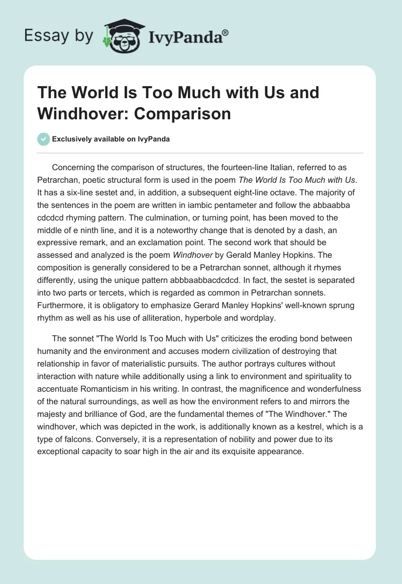 "The World Is Too Much with Us" and "Windhover": Comparison. Page 1