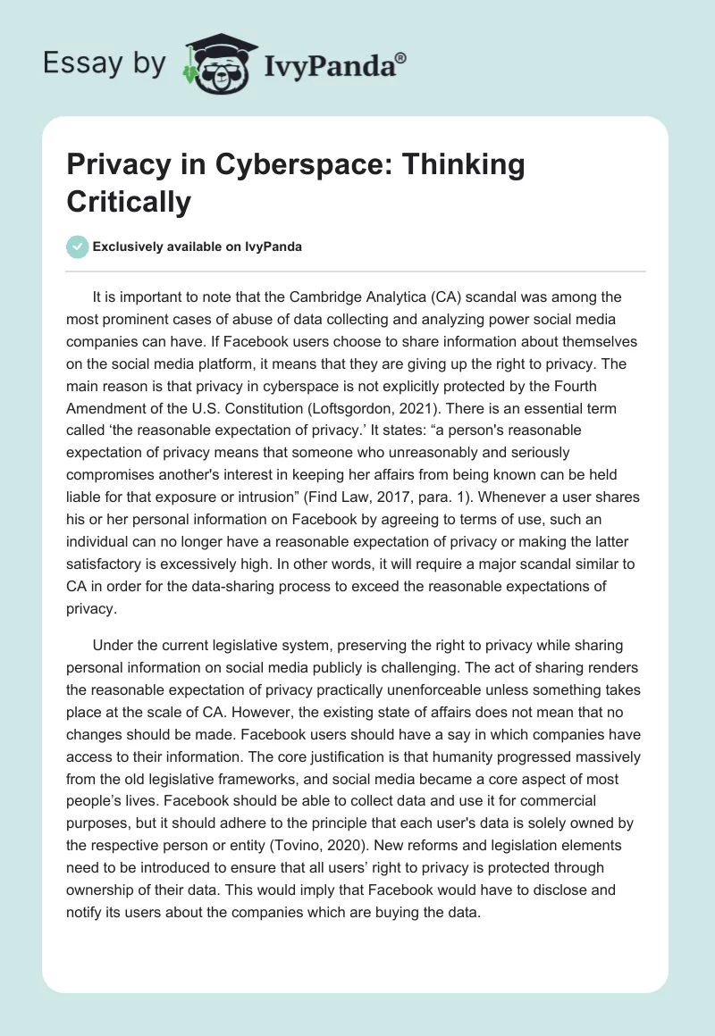 Privacy in Cyberspace: Thinking Critically. Page 1