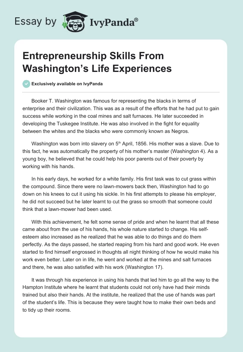 Entrepreneurship Skills From Washington’s Life Experiences. Page 1