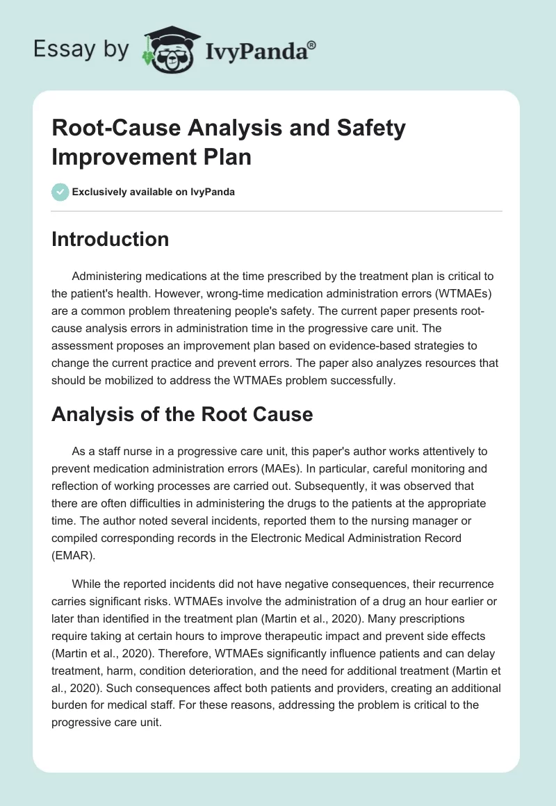 Root-Cause Analysis and Safety Improvement Plan. Page 1