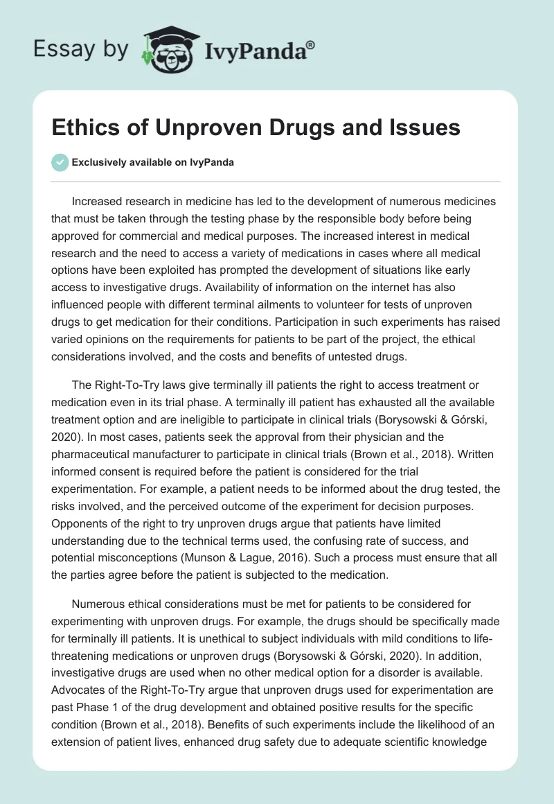 Ethics of Unproven Drugs and Issues. Page 1