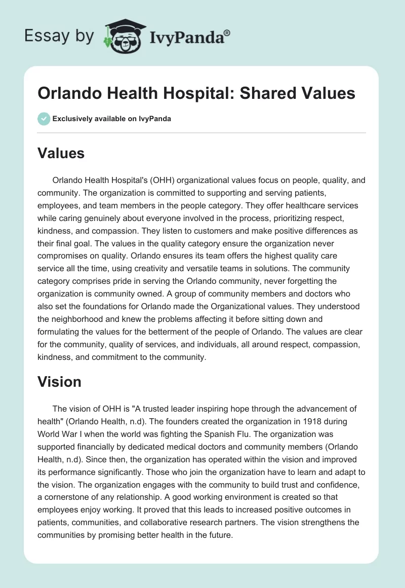 Orlando Health Hospital: Shared Values. Page 1