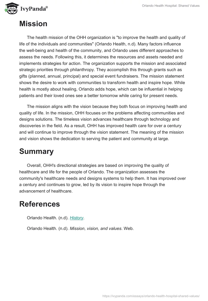 Orlando Health Hospital: Shared Values. Page 2